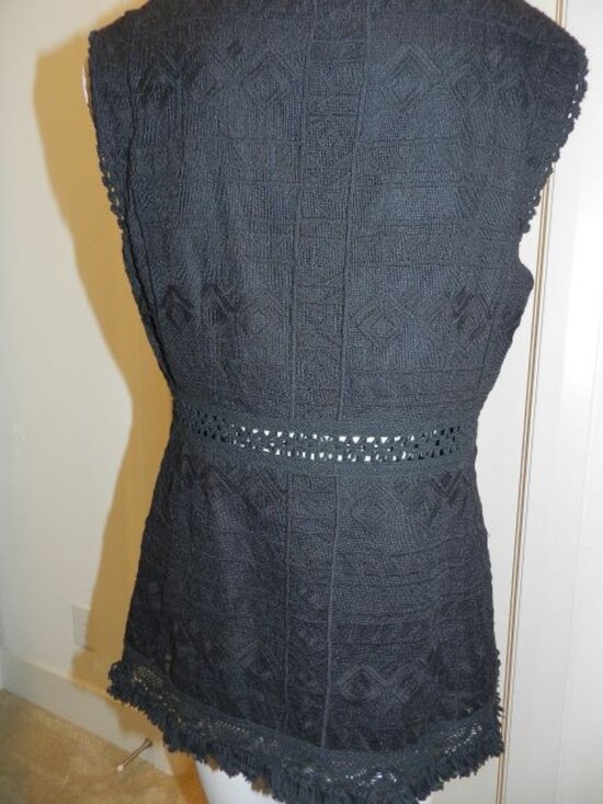 Nanette Lepore Black Boho Fringe Trim Crochet Knit Top Size 6 - Picture 6 of 14
